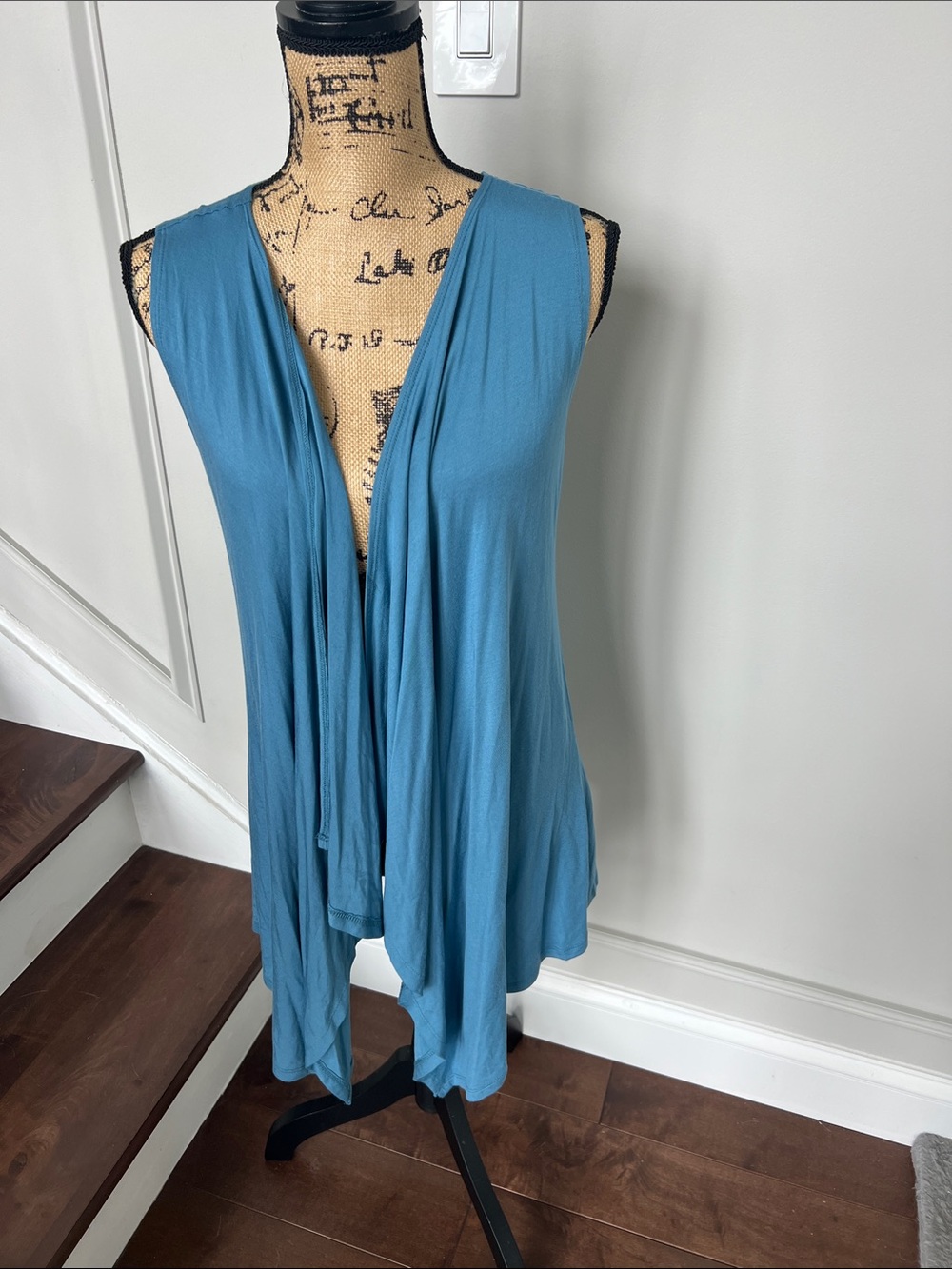 Draped Sleeveless Open Front Cardigan - Slate Blue medium flowy waterfall